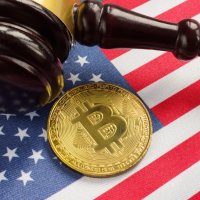 Crypto regulation law in US, gavel, flag and bitcoin