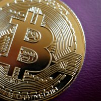 Gold plated bitcoin coin on purple background 
