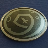 SafeMoon logo, showing a rocket within a shield on a bronze disc