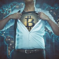 A person reveals a bitcoin superhero costume under their work clothes