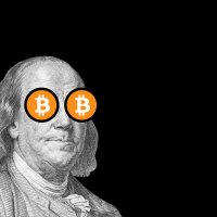 A black and white illustration of Benjamin Franklin with BTC logo superimposed over his eyes
