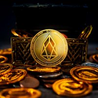 The EOS cryptocurrency in a treasure box