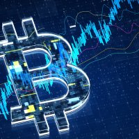 Digital generated image of Bitcoin sign stock market data on blue background