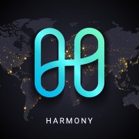 The blue Harmony logo in front of a world map