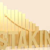 “Staking” in gold text in front of a bar graph