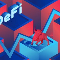 A red bull in front of an up arrow with 'DeFi' behind
