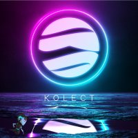 A pink and blue neon logo of the Terra Virtua Kolect (TVK) coin. The colours are reflected into the water below it, where a vFlect figure is posing. 