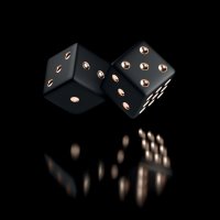 Poker dice. View of golden white dice. Casino gold dice on black background. 