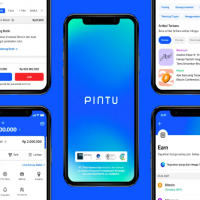 A series of five smartphones display different pages from the Pintu crypto trading app