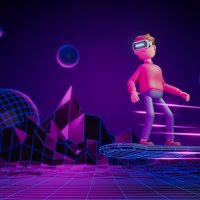 A virtual simulation of a man on a hoverboard