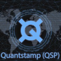 Representation of the Quantstamp logo, name and coin with a world map in the background, blue on black