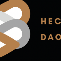 The Hector DAO logo showing a series of tear-drop shapes overlaid on one another in taupe, white and grey on a black background