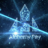 The Alchemy Pay logo in blue with a triangle shape on a blue space-age background with light through a prism