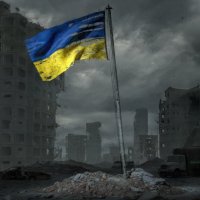 An image of a battle-scarred Ukrainian flag in front of ruined buildings