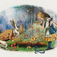 ‘Down the rabbit hole NFT’ depicts Alice in Wonderland and the white rabbit watching crypto tokens go down the rabbit hole