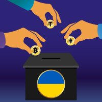 People putting cryptocurrencies into a donation box that has the Ukraine flag