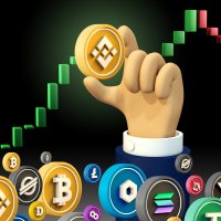 A hand holding up a BNB coin above other cryptocurrencies
