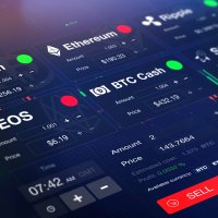 Futuristic crypto exchange with chart, numbers and BUY and SELL options