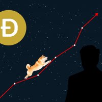 Dogecoin logo on the moon with a shiba inu dog climbing up a graph in the sky 