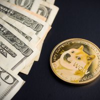 Dogecoin token featuring a shiba inu dog next to US banknotes