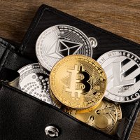 Cryptocurrency coins in leather wallet