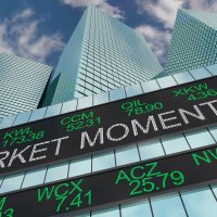 Market Momentum stock trends seen in a 3d illustration of Wall Street Skyline 
