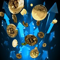 Bitcoins among upward-pointing arrows