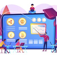 Graphic image showing cartoon figures around a whiteboard, studying cryptocurrencies – Photo: Shutterstock