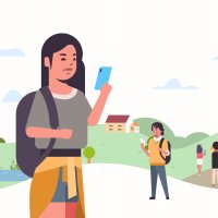 Cartoon image of people using smartphones in a neighbourhood 