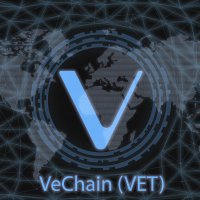 VeChain (VET) logo on a dark background and a world map