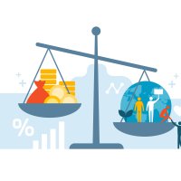 Illustration of scales balancing money with social responsibility