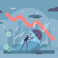 Image of investor holding umbrella against rain and a downtrending arrow among cloud icons
