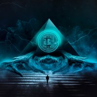 Surreal-looking mysterious graphic image of a figure walking towards a pyramid with a bitcoin on top in the midst of dark, swirling clouds