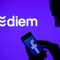 Silhouette of a woman looking at the Facebook logo on smartphone in front of Diem name and logo