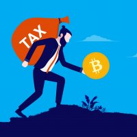 2D image of man with large sack on back labelled tax, holding a bitcoin – Photo: Shutterstock
