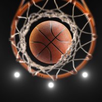 Bird's eye view of a basketball going through a hoop
