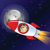 Dogecoin Shiba Inu logo inside rocket, flying past the moon – Photo: Shutterstock