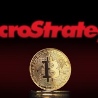 The MicroStrategy logo and a Bitcoin
