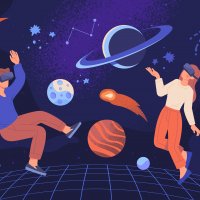 Cartoon image of two people wearing VR helmets, surrounded by planetary objects – Photo: Shutterstock