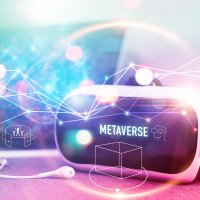 Metaverse logo on a virtual reality headset