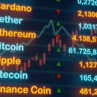 Bitcoin, Ripple and other crypto currencies on a trading screen with prices and charts