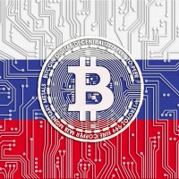 The Bitcoin logo on a Russian flag