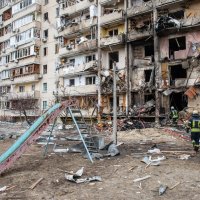A residential building damaged by enemy action in Ukraine