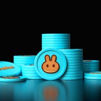 Stacks of blue PancakeSwap tokens against black background – Photo: Shutterstock