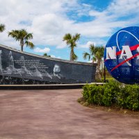 The Kennedy memorial next to the Nasa globe at the Space Center, Cape Canaveral, Florida