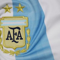 Close up of the Argentine Football Association logo on a blue and white striped shirt