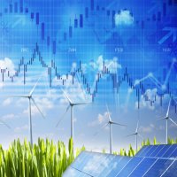 Solar panels and wind farms appear in front of a stock chart