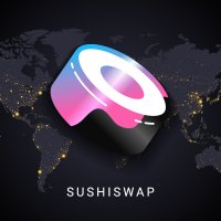 The SushiSwap logo over a map of the world at night