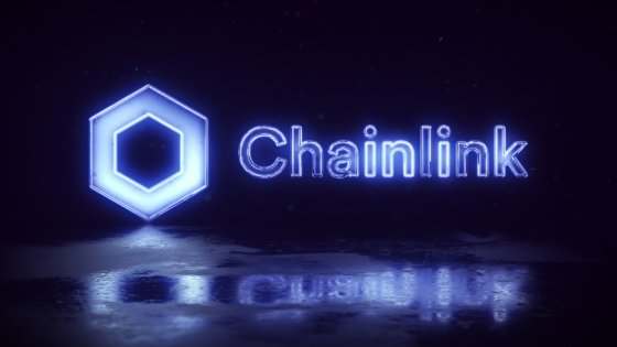 Chainlink cryptocurrency glowing neon sign illustration against a black background reflecting off tiny floor 