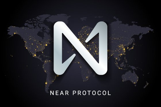 NEAR protocol logo and text against a backdrop of a black map with lights on its 